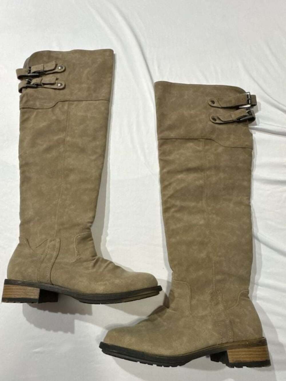 Qupid Taupe Faux Suede Over The Knee Riding Boots with Double Buckle Detail